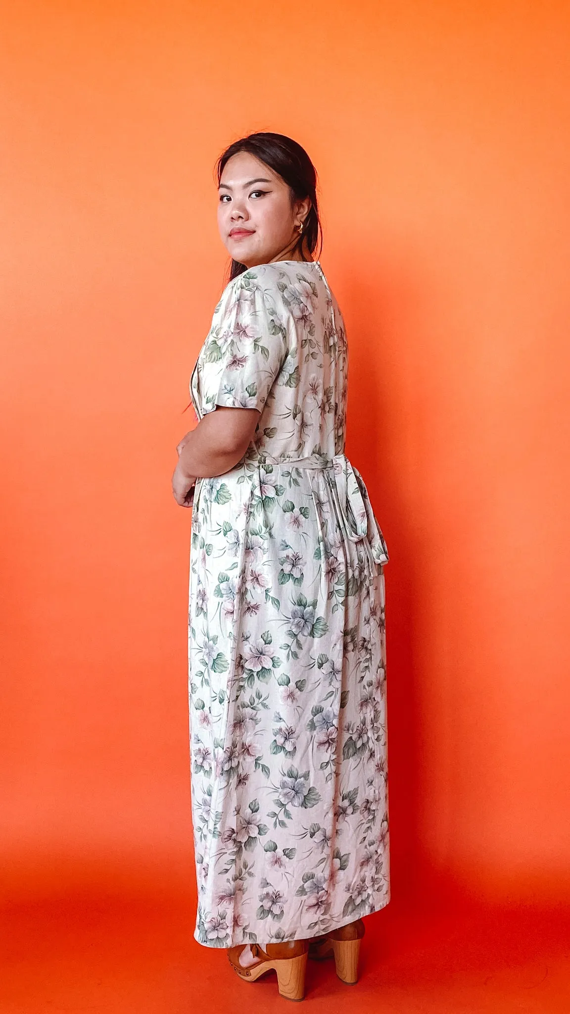 1990s Floral Neutrals Day Dress, sz. L