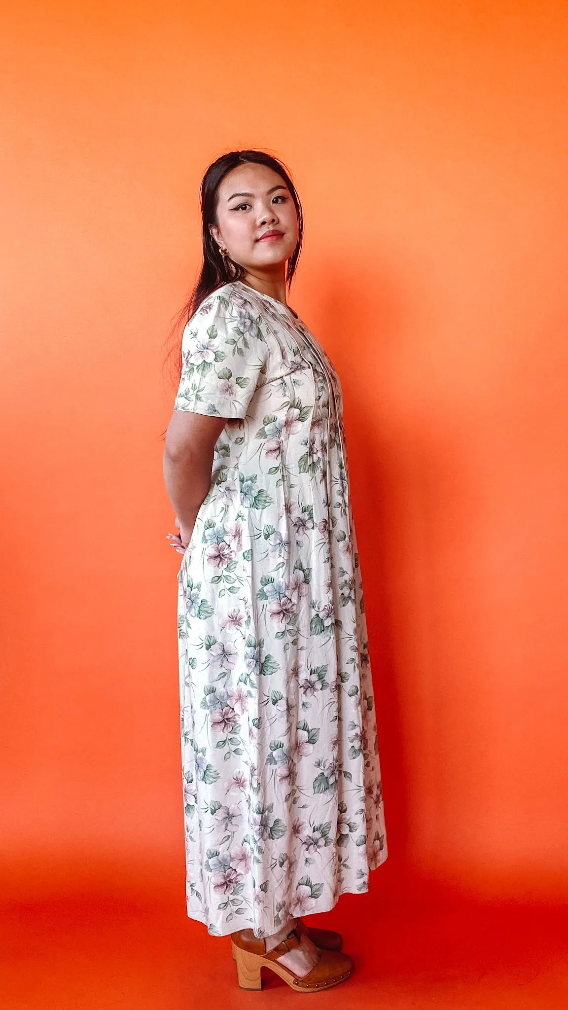 1990s Floral Neutrals Day Dress, sz. L