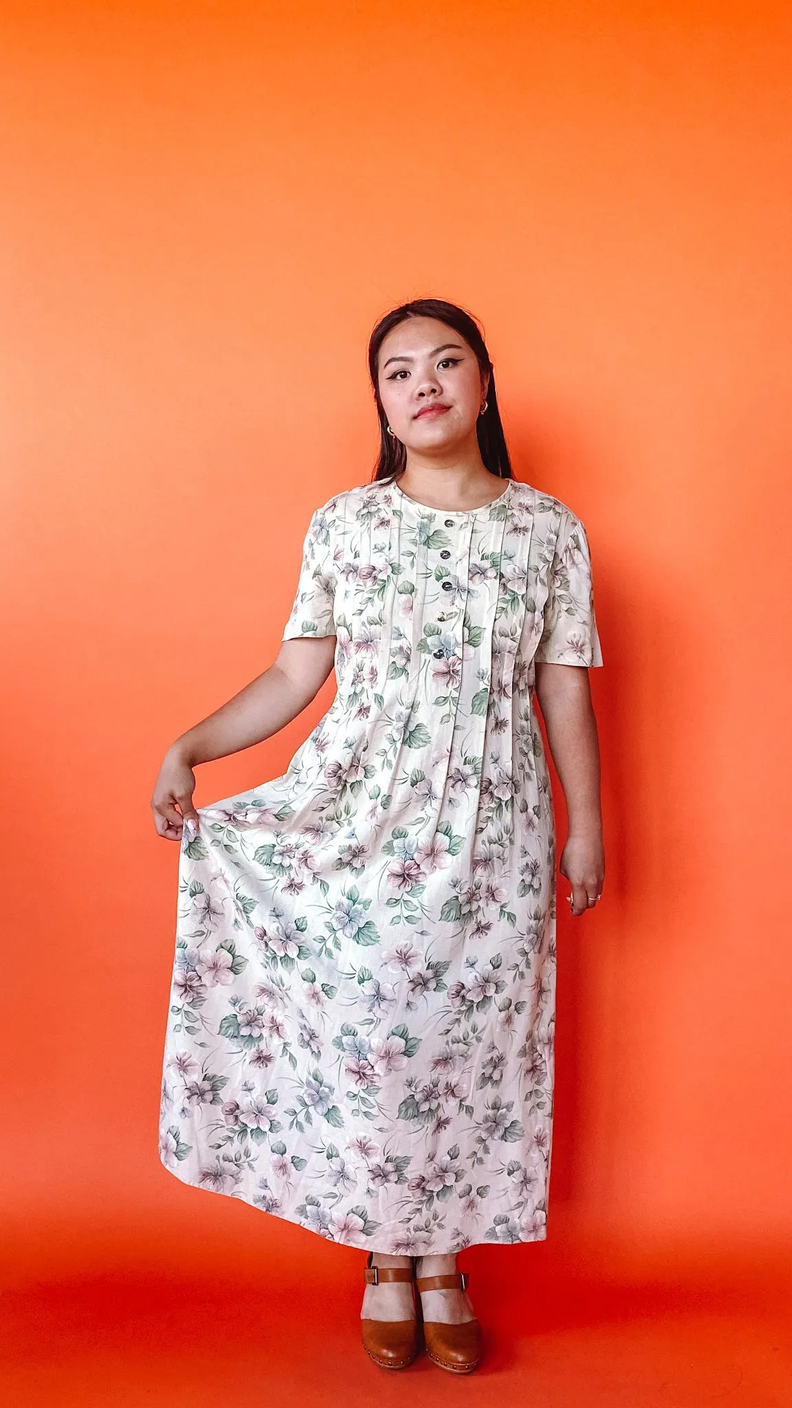 1990s Floral Neutrals Day Dress, sz. L