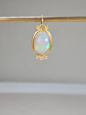 24K Yellow Solid Gold Ethiopian Opal Gemstone Cabochon Diamond Pendant