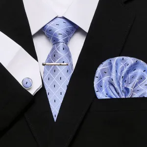 4Pcs LightBlue Men's Refined Plaid Necktie Set