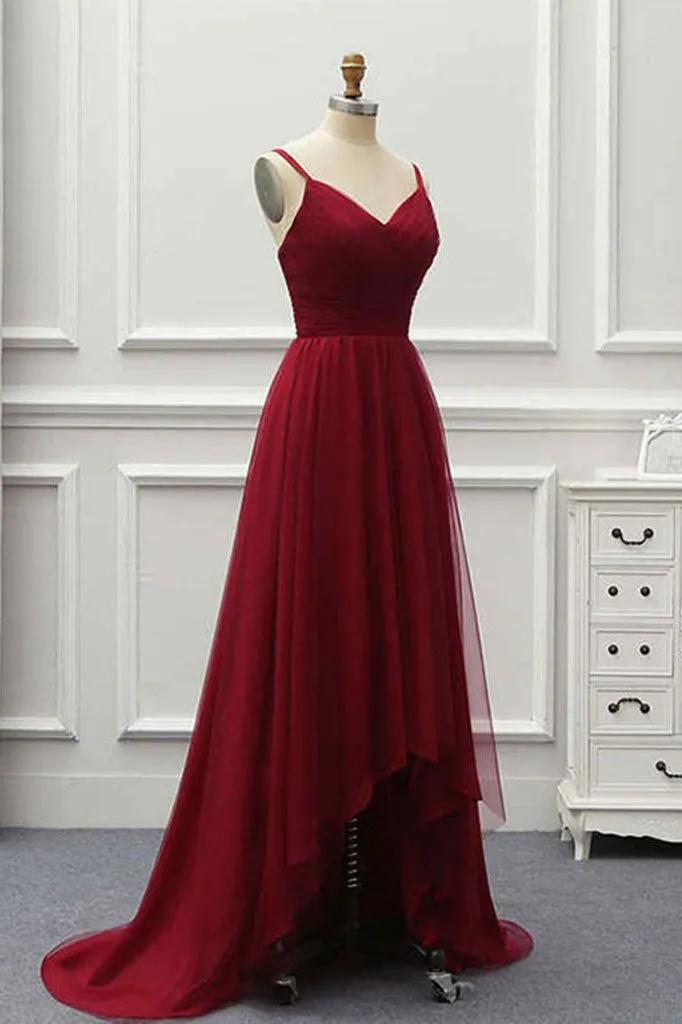 A Line High Low Tulle Prom Dress with Train Burgundy V Neck Backless Formal Dress