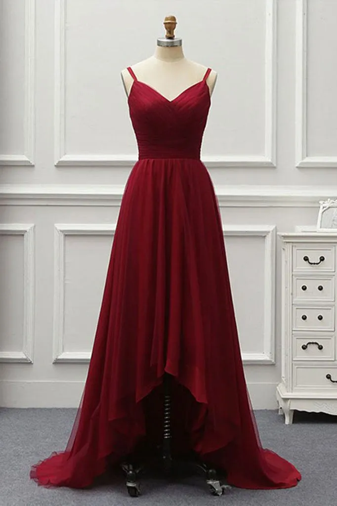 A Line High Low Tulle Prom Dress with Train Burgundy V Neck Backless Formal Dress