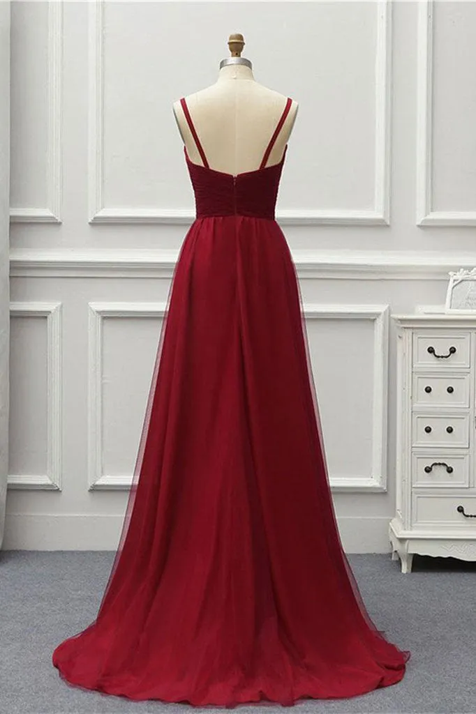A Line High Low Tulle Prom Dress with Train Burgundy V Neck Backless Formal Dress