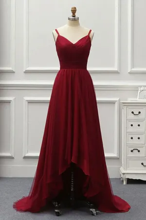 A Line High Low Tulle Prom Dress with Train Burgundy V Neck Backless Formal Dress