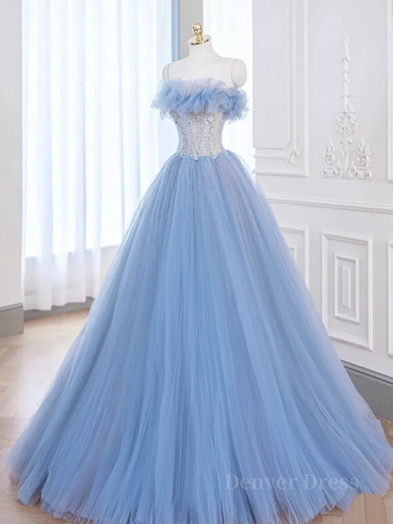 A-Line Tulle Lace Blue Long Prom Dress Blue Lace Long Formal Dress