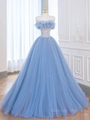 A-Line Tulle Lace Blue Long Prom Dress Blue Lace Long Formal Dress