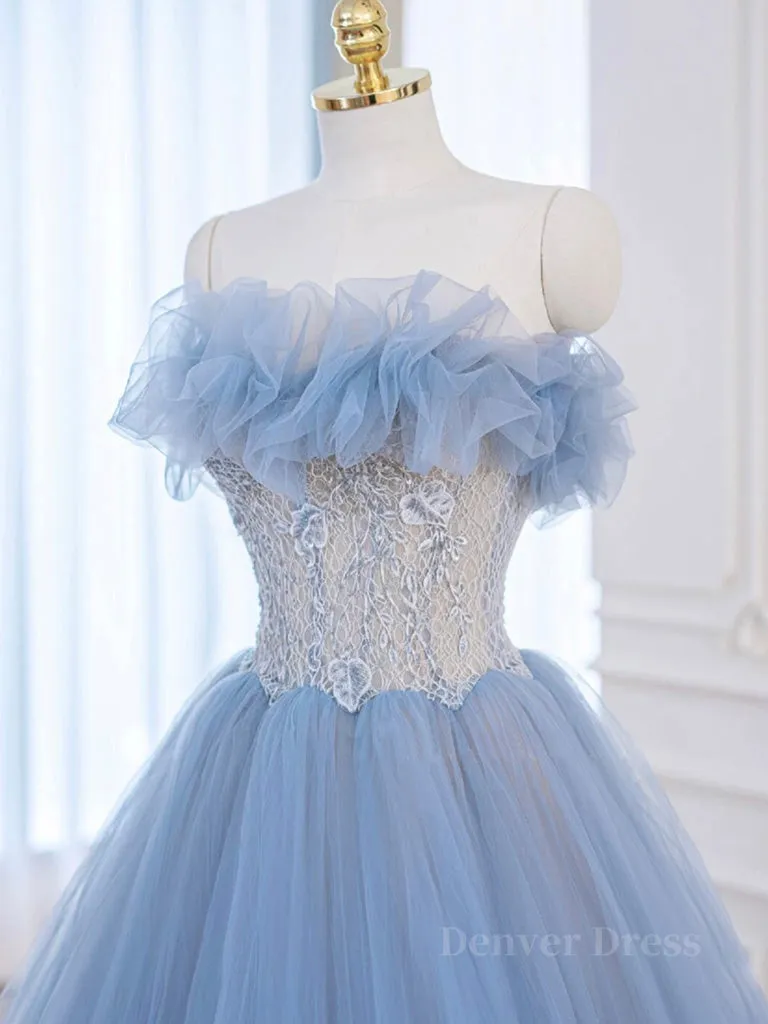 A-Line Tulle Lace Blue Long Prom Dress Blue Lace Long Formal Dress