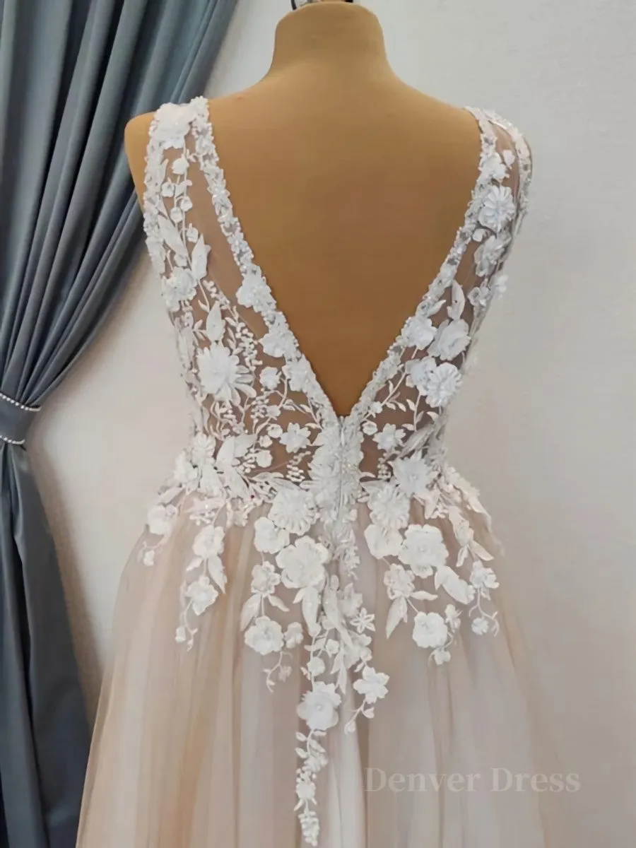 A Line V Neck Long Champagne Lace Wedding Dresses Champagne Lace Long Formal Prom Dresses