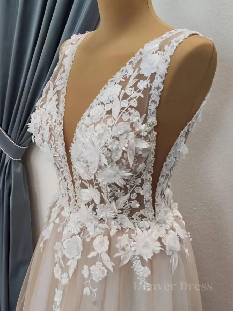 A Line V Neck Long Champagne Lace Wedding Dresses Champagne Lace Long Formal Prom Dresses