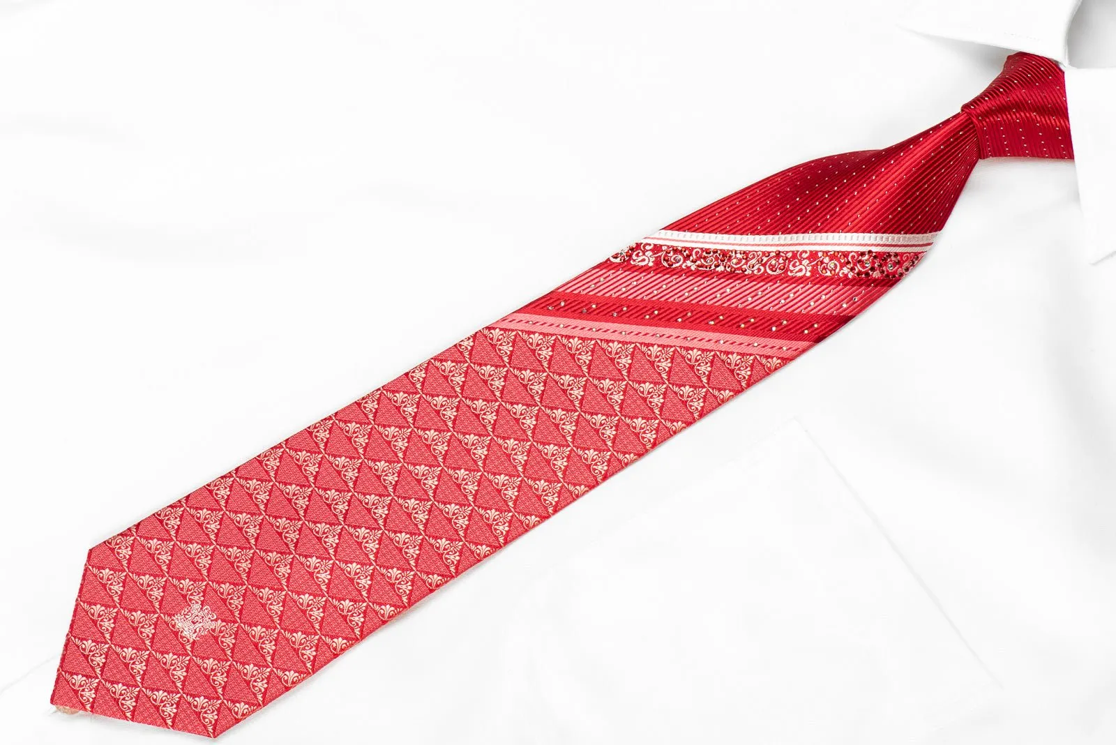Andre Kim Men's Crystal Silk Necktie Anthemion On Red With Silver Sparkles