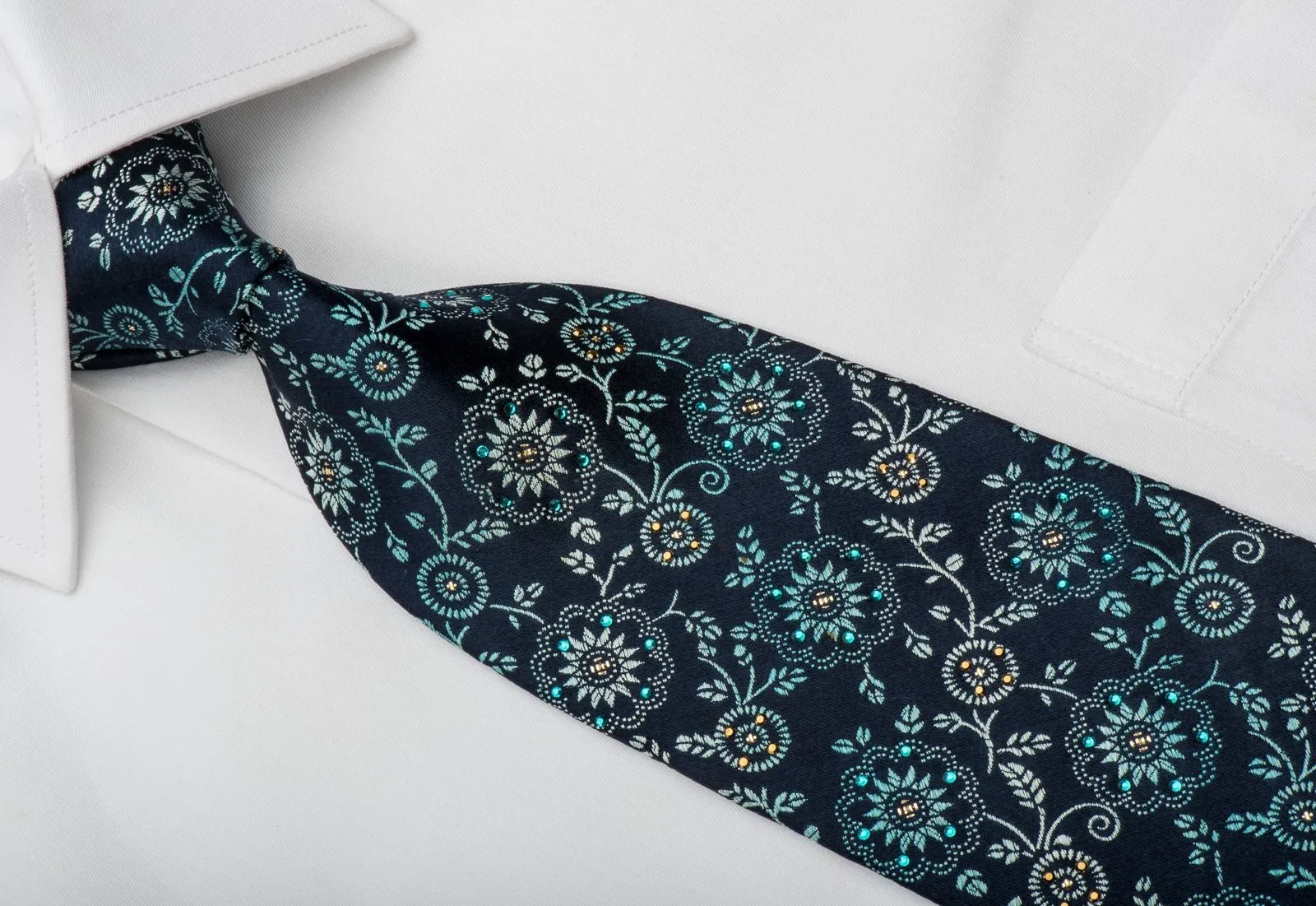 Aquascutum Rhinestone Necktie Turquoise Floral On Dark Blue With Sparkles
