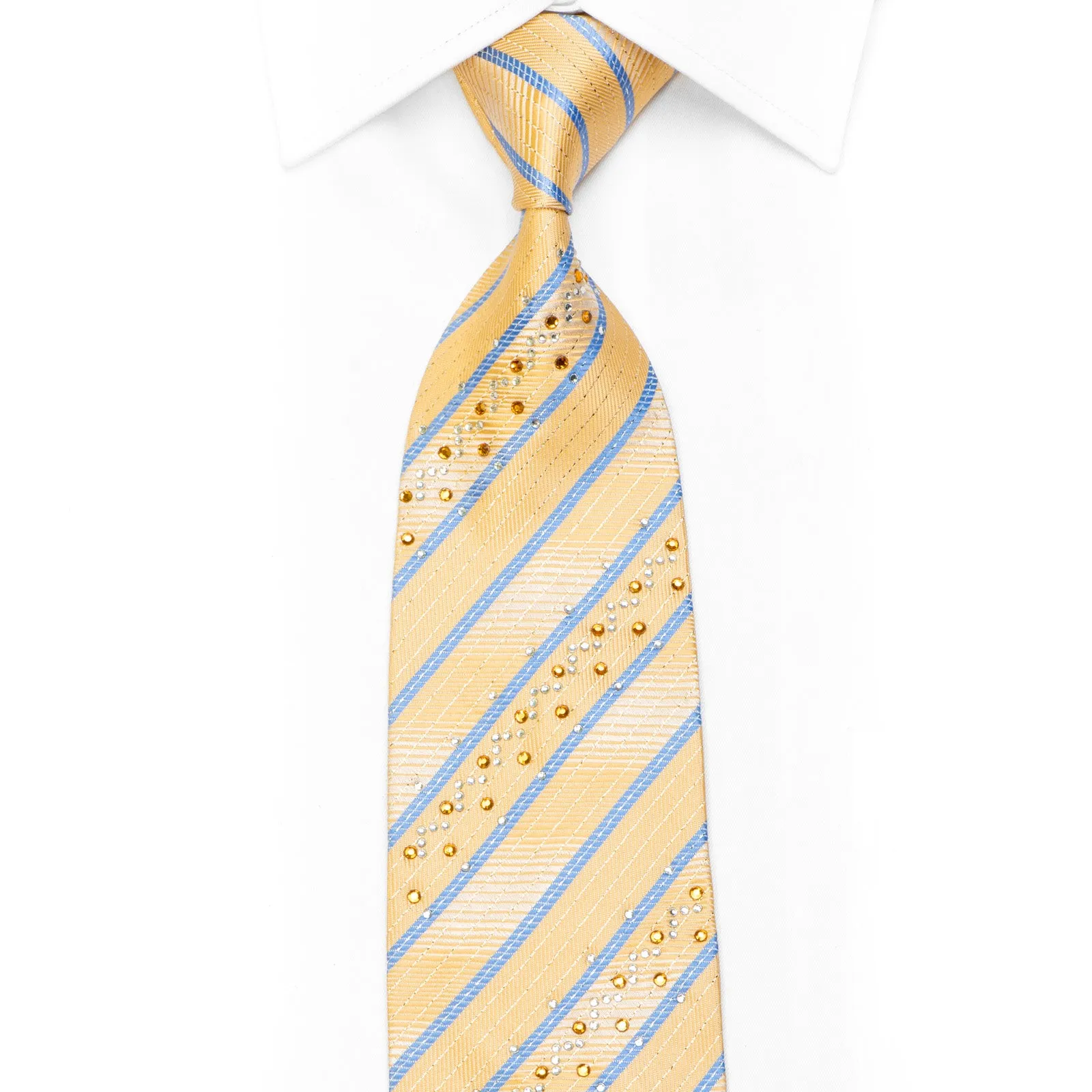 Armarichi Rhinestone Silk Necktie Blue Striped On Pale Yellow With Sparkles