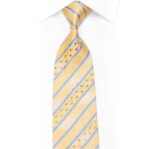 Armarichi Rhinestone Silk Necktie Blue Striped On Pale Yellow With Sparkles
