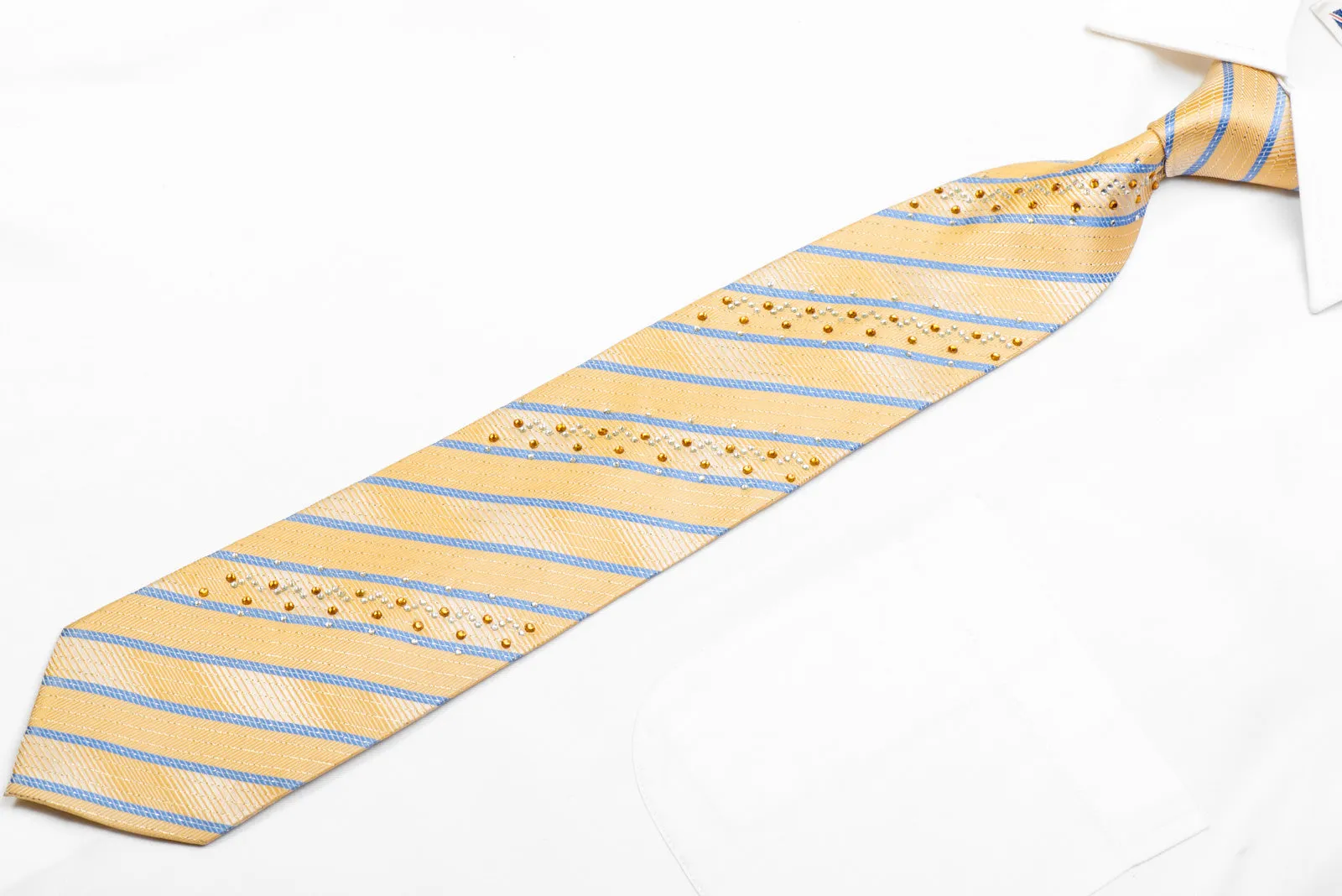 Armarichi Rhinestone Silk Necktie Blue Striped On Pale Yellow With Sparkles