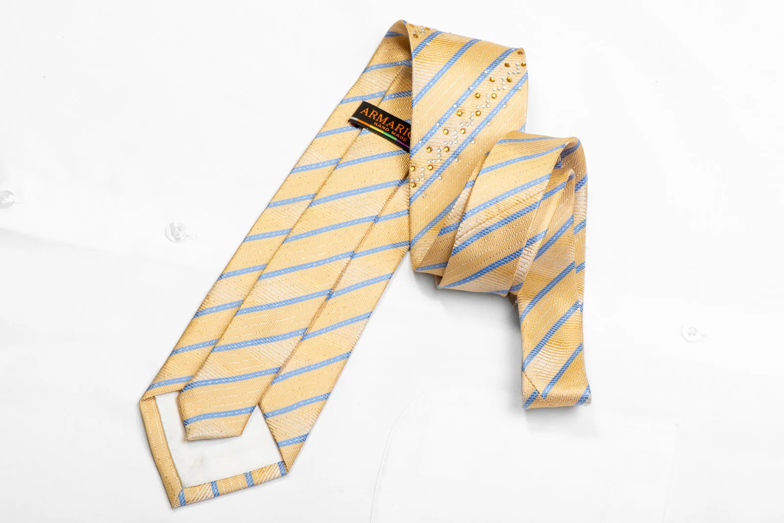Armarichi Rhinestone Silk Necktie Blue Striped On Pale Yellow With Sparkles