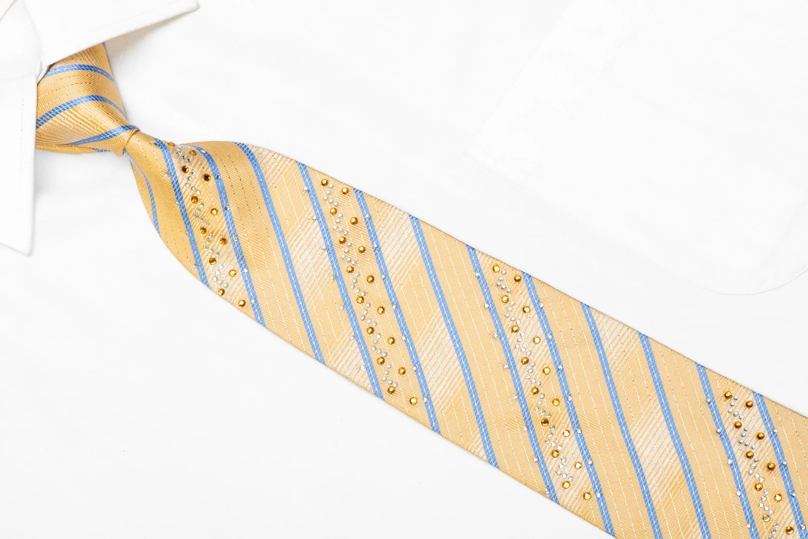Armarichi Rhinestone Silk Necktie Blue Striped On Pale Yellow With Sparkles