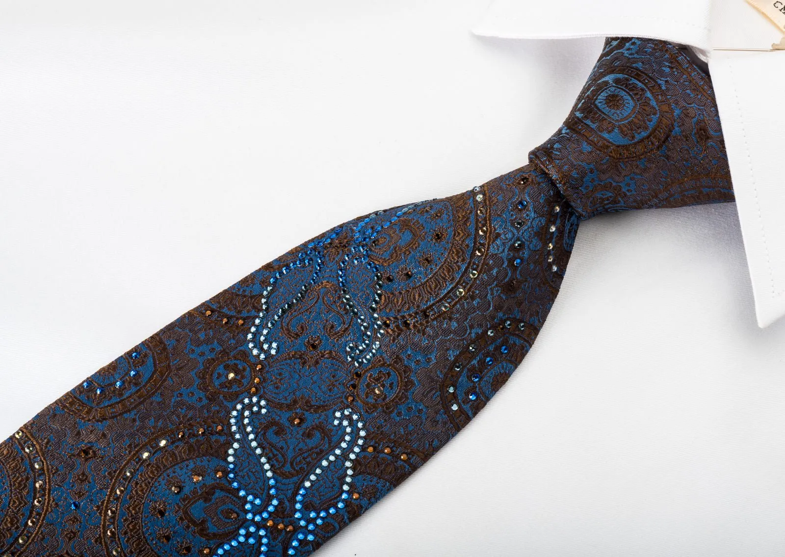 Arpeggio Silk Necktie Brown Anthemion On Blue With Crystal Rhinestones