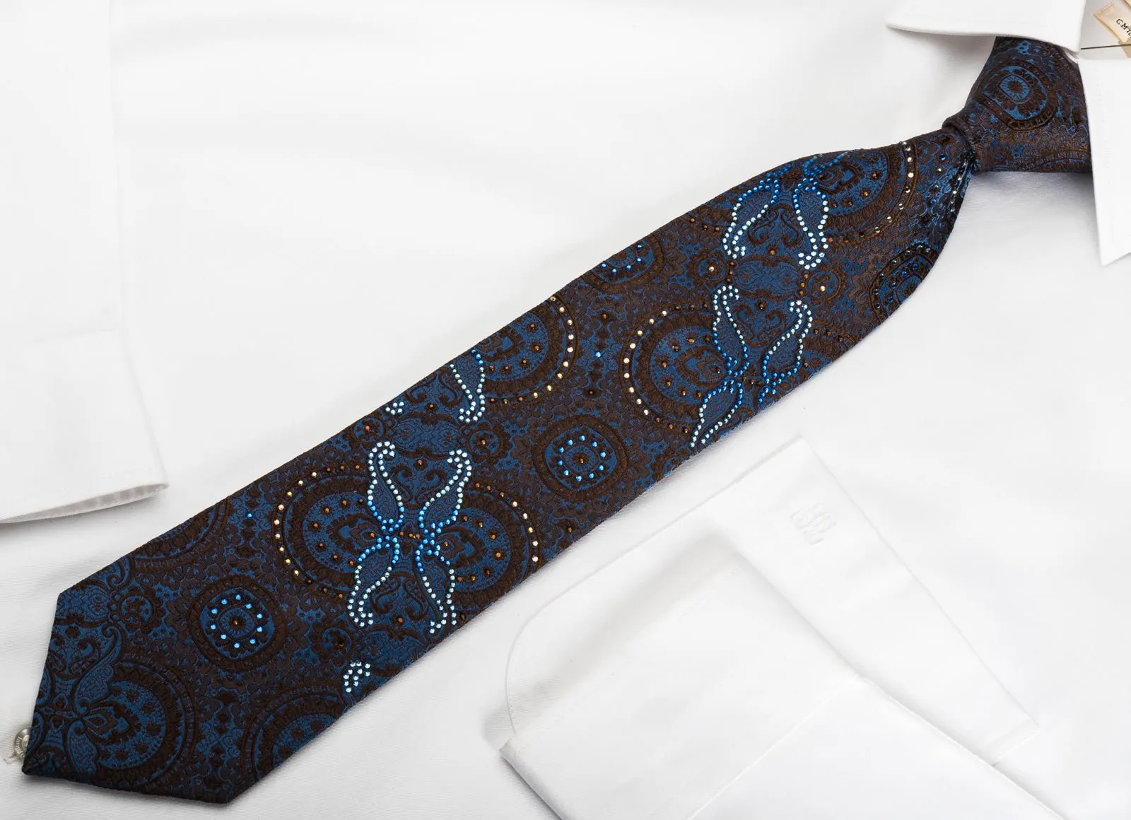 Arpeggio Silk Necktie Brown Anthemion On Blue With Crystal Rhinestones