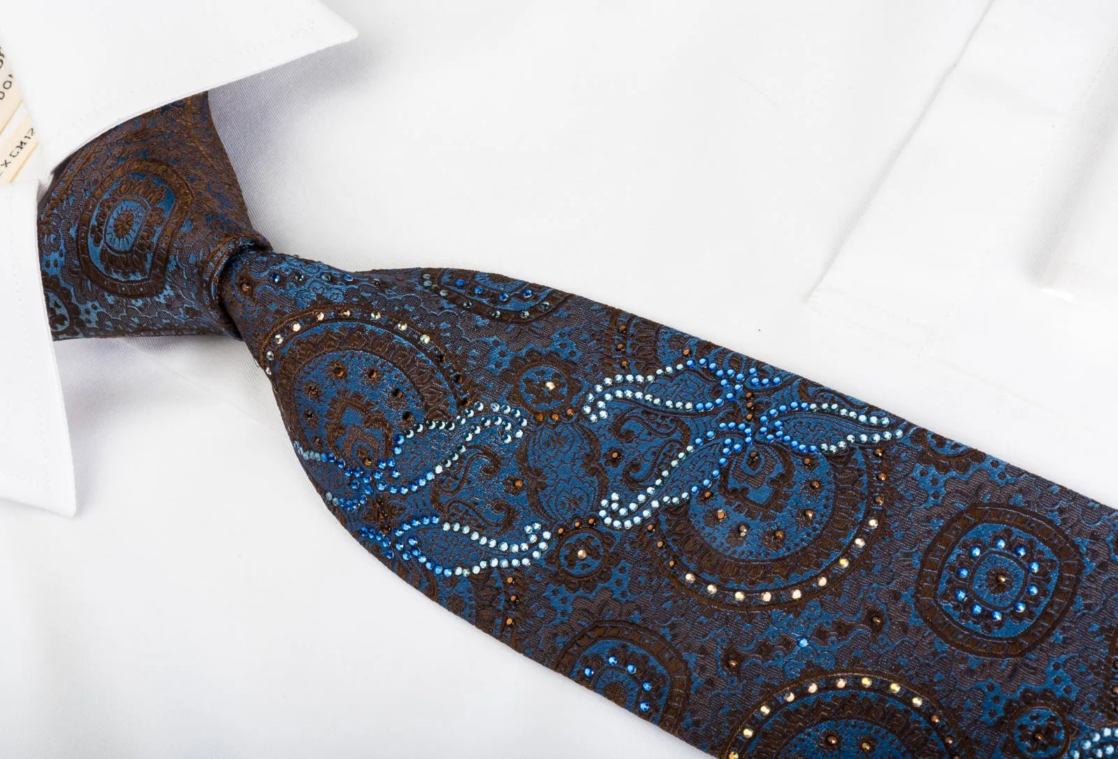 Arpeggio Silk Necktie Brown Anthemion On Blue With Crystal Rhinestones