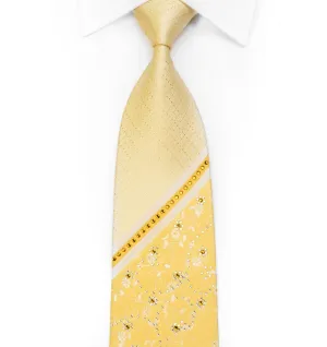 Beverly Hills Polo Club Rhinestone Silk Necktie Stripes & Floral On Yellow With Sparkles