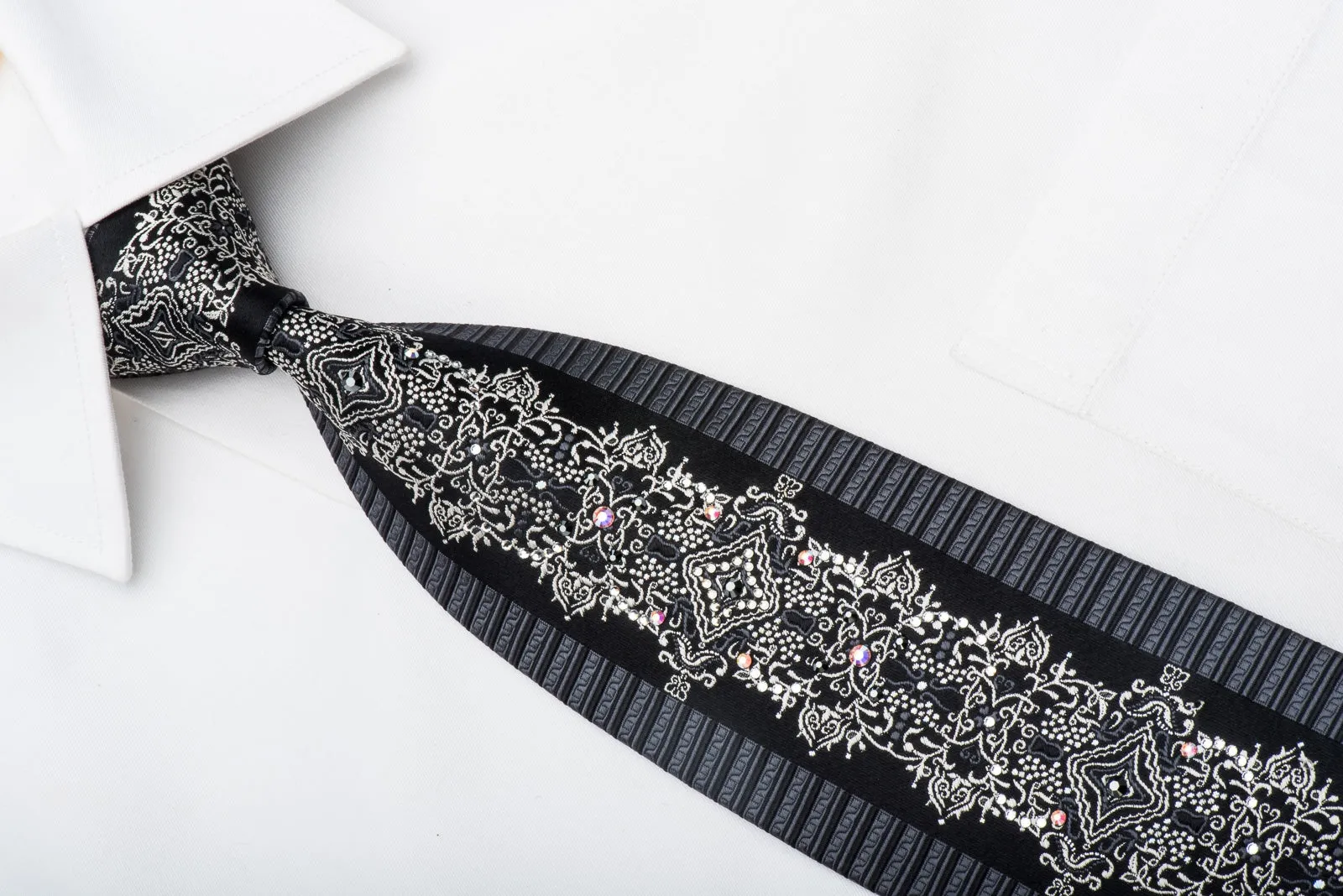 Black Rhinestone Silk Necktie Silver Damask On Black With Silver Sparkles