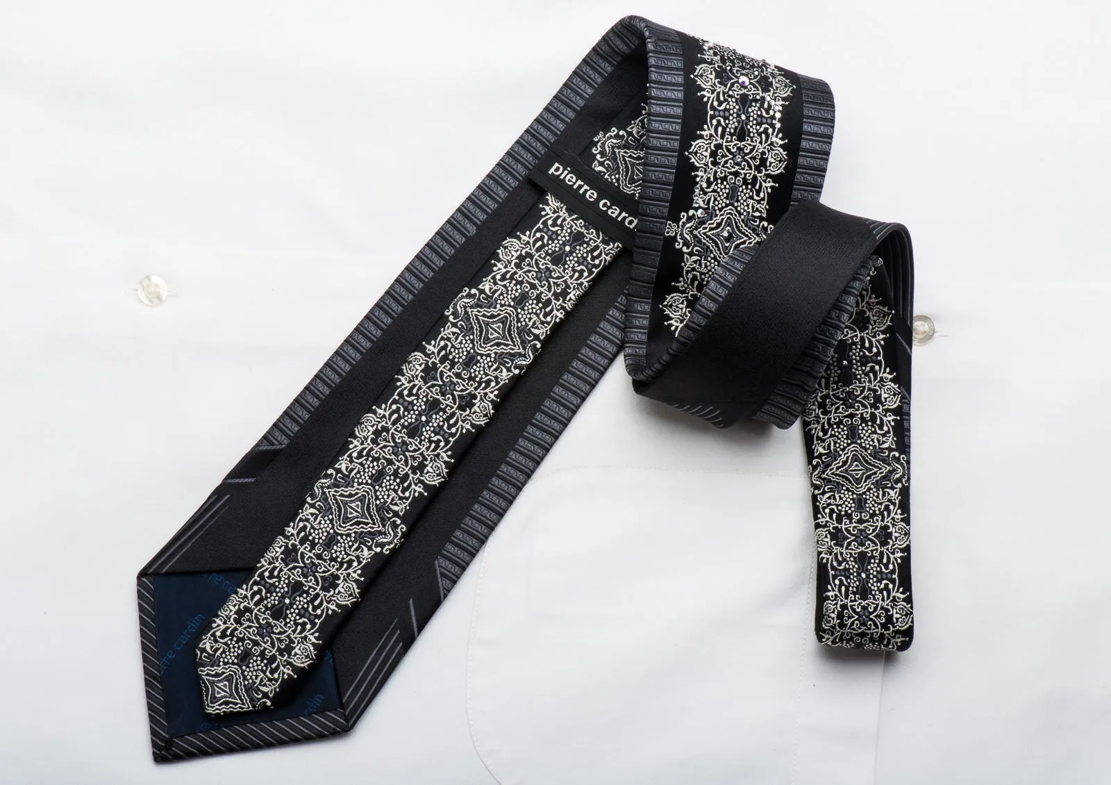 Black Rhinestone Silk Necktie Silver Damask On Black With Silver Sparkles