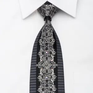 Black Rhinestone Silk Necktie Silver Damask On Black With Silver Sparkles