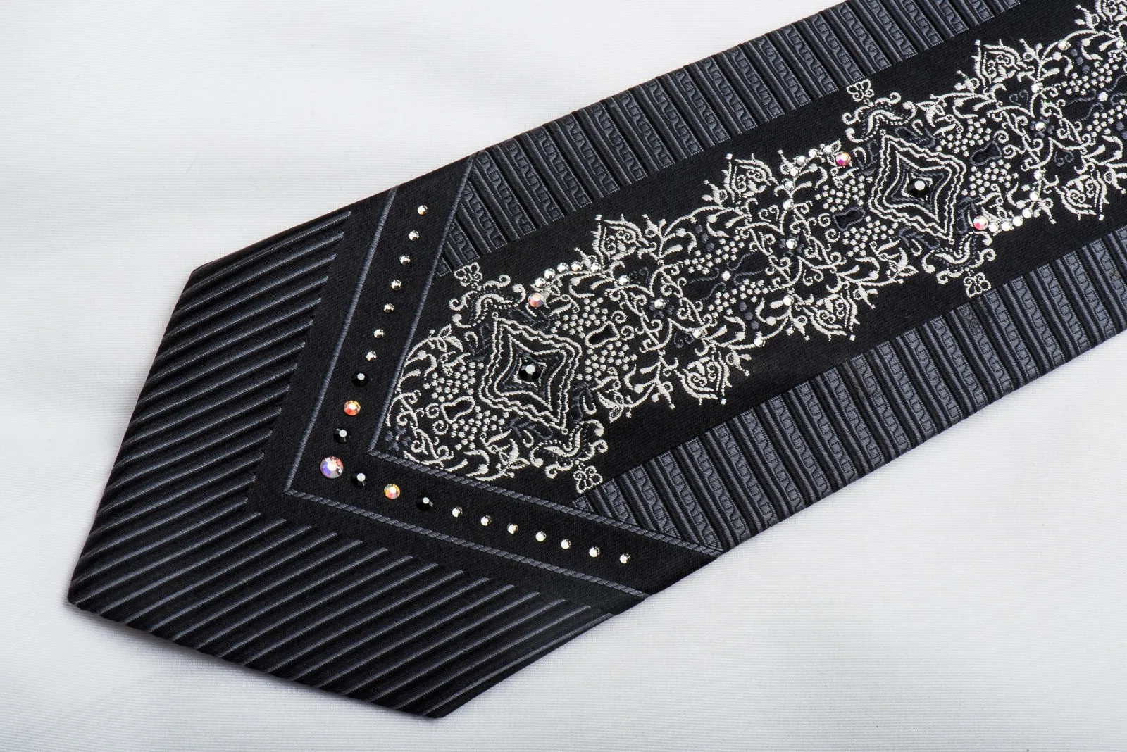 Black Rhinestone Silk Necktie Silver Damask On Black With Silver Sparkles