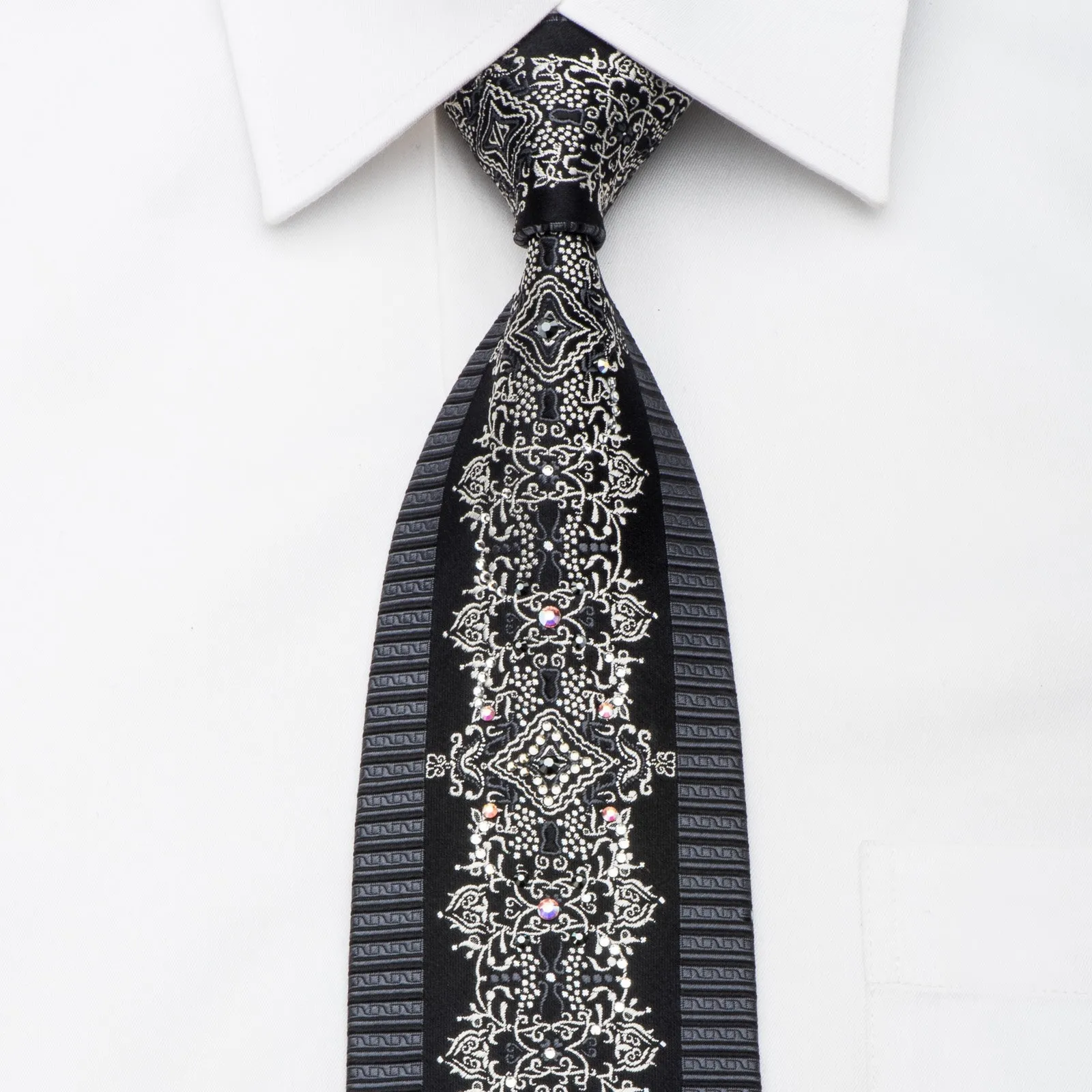 Black Rhinestone Silk Necktie Silver Damask On Black With Silver Sparkles