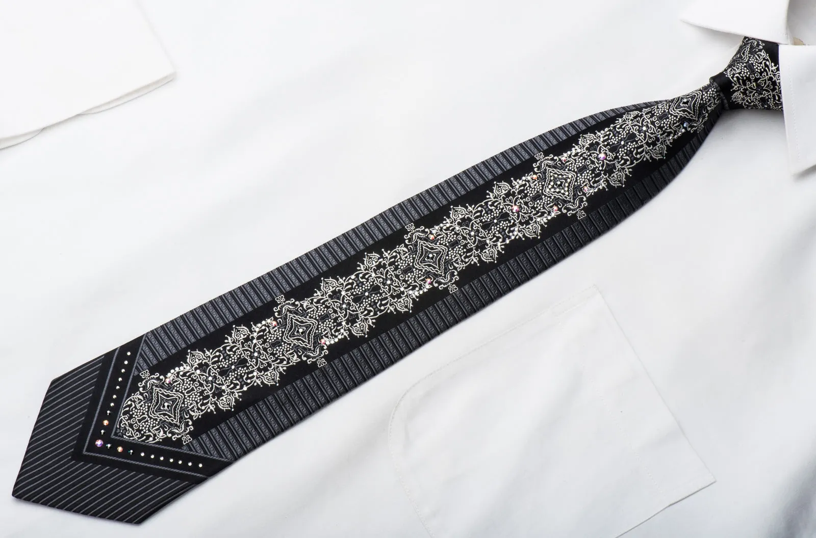 Black Rhinestone Silk Necktie Silver Damask On Black With Silver Sparkles