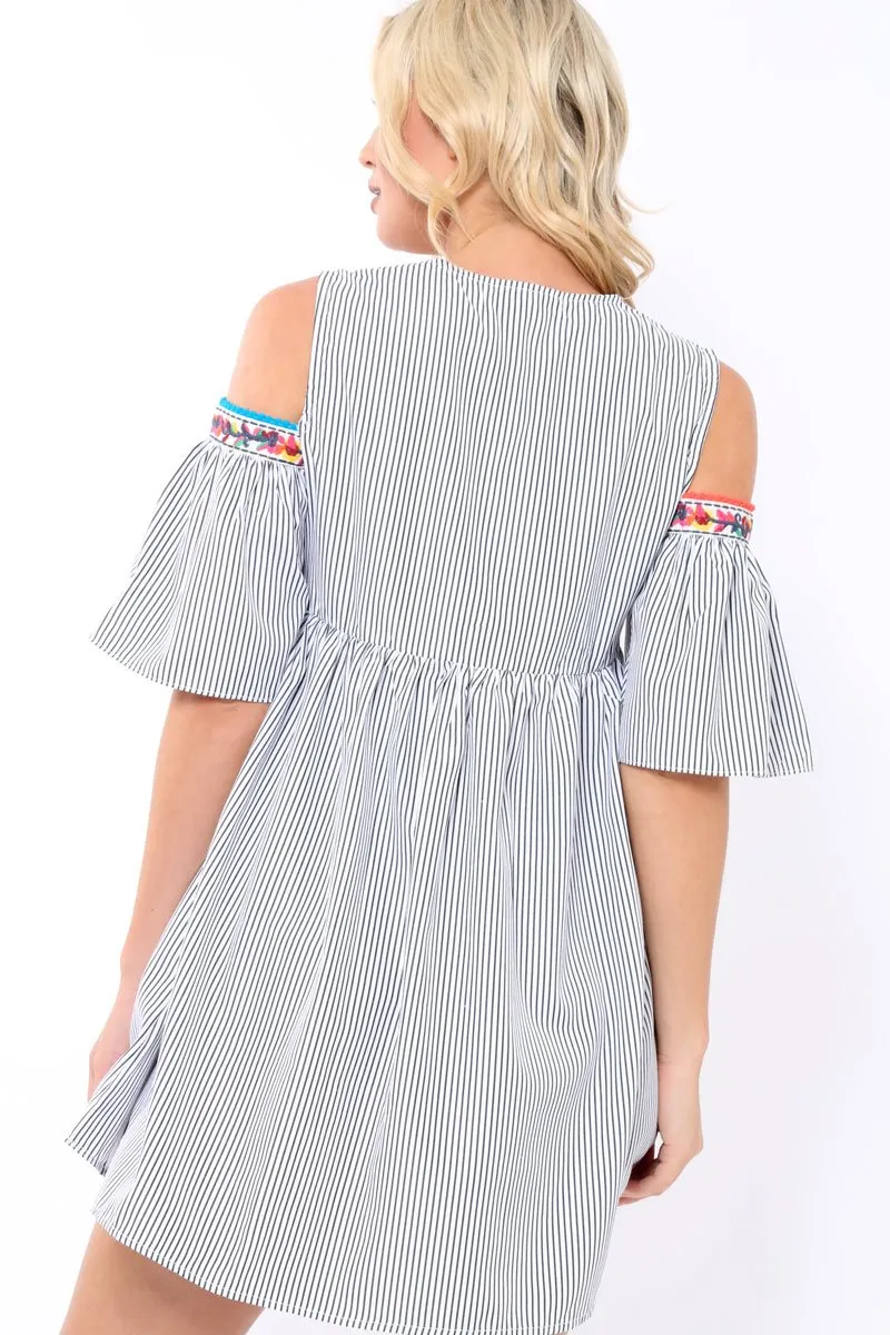 Black Stripe Cold Shoulder Shift Dress with Aztec Embroidery - Elodie