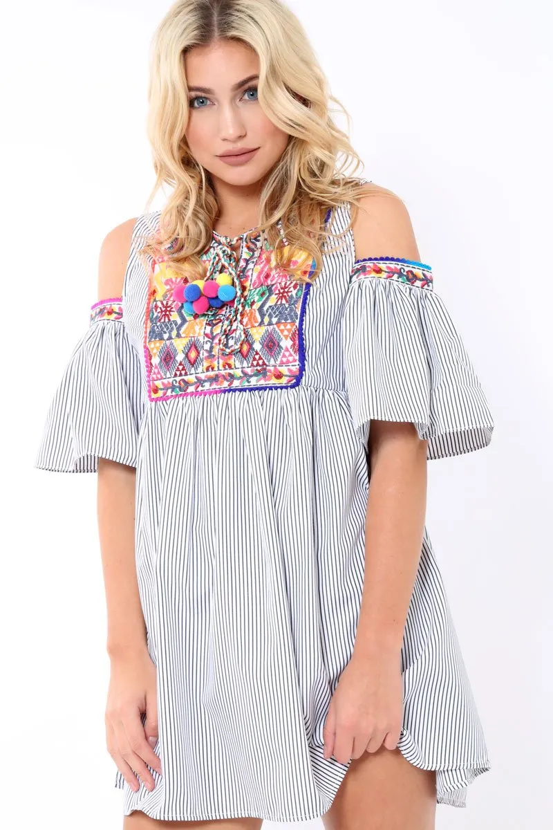 Black Stripe Cold Shoulder Shift Dress with Aztec Embroidery - Elodie