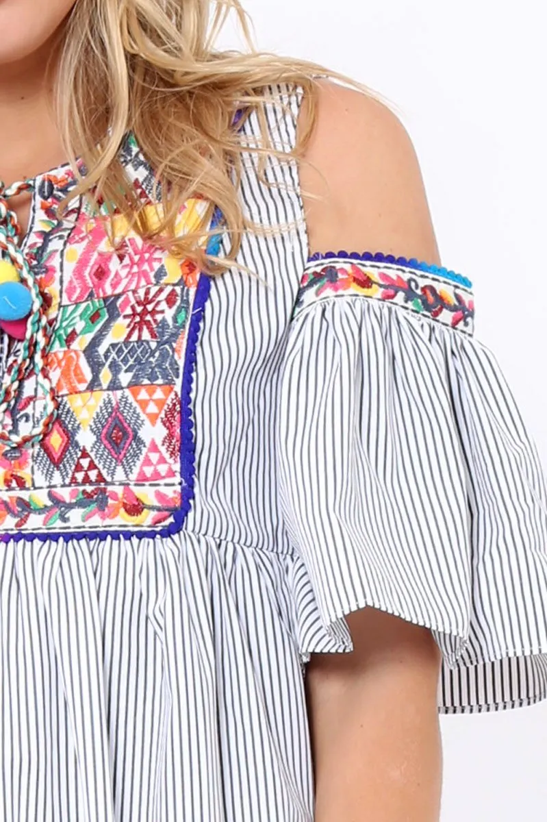 Black Stripe Cold Shoulder Shift Dress with Aztec Embroidery - Elodie