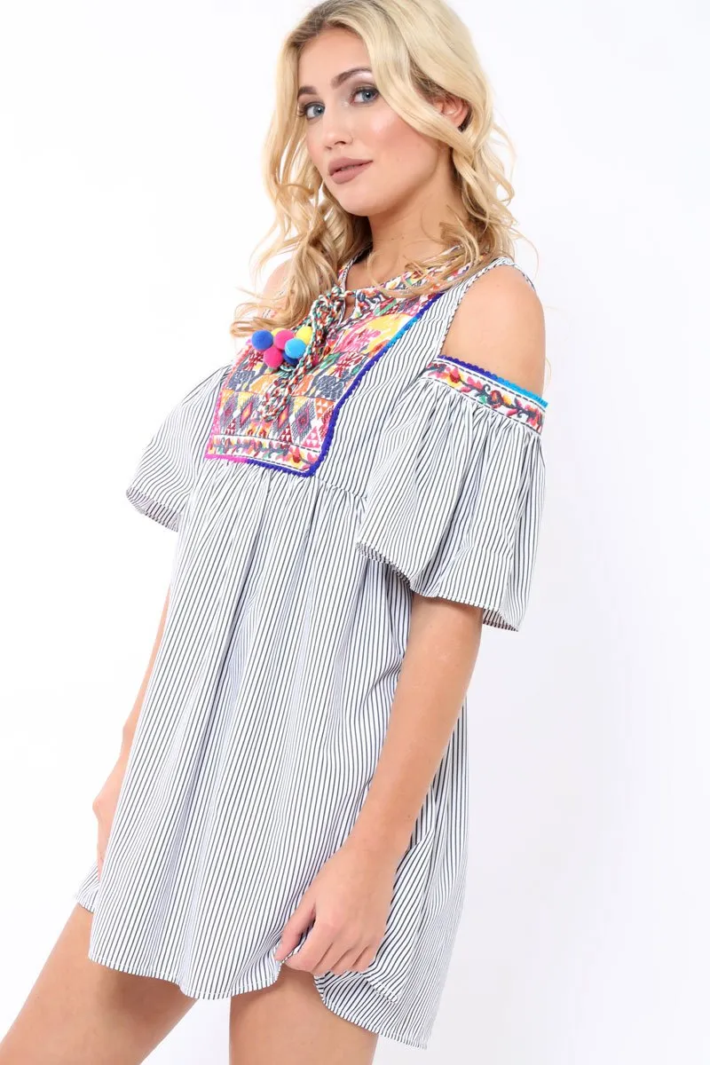 Black Stripe Cold Shoulder Shift Dress with Aztec Embroidery - Elodie