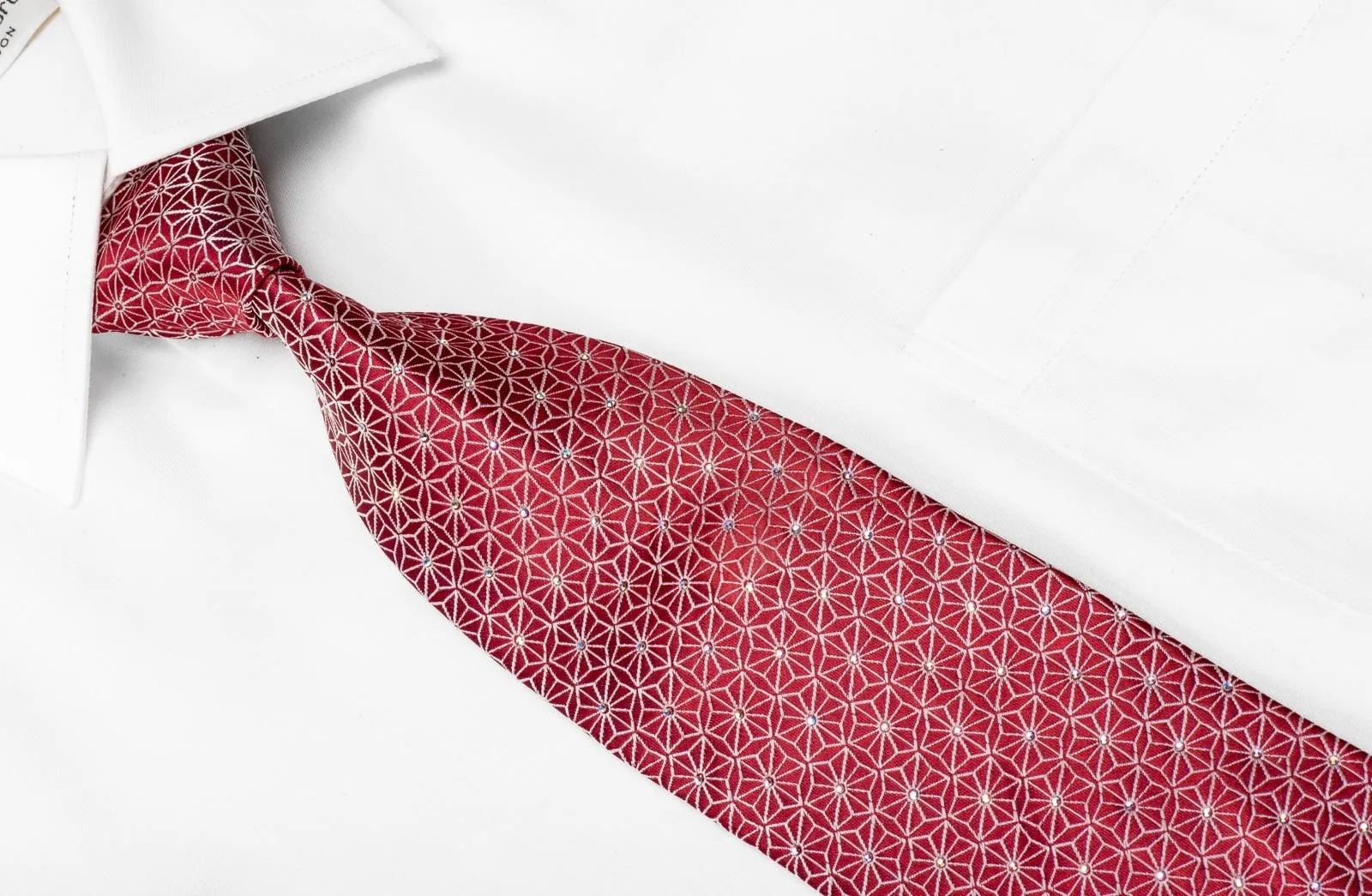 Mens Red Necktie with Silver Trellis Crystal Rhinestones