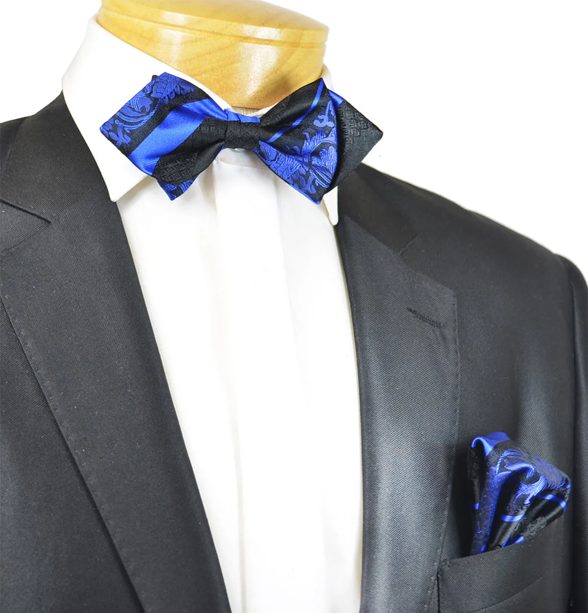 Blue and Black Silk Bow Tie and Pocket Square