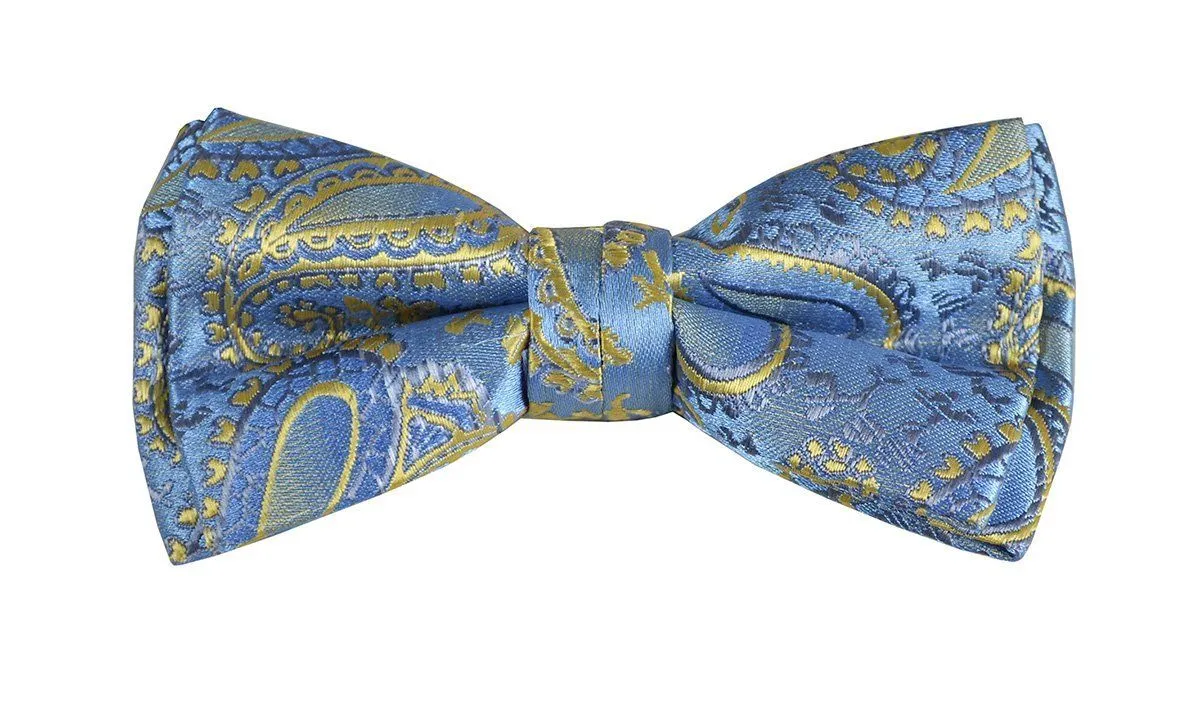 Blue and Gold Boys Bow Tie and Pocket Square Set, Pre-tied