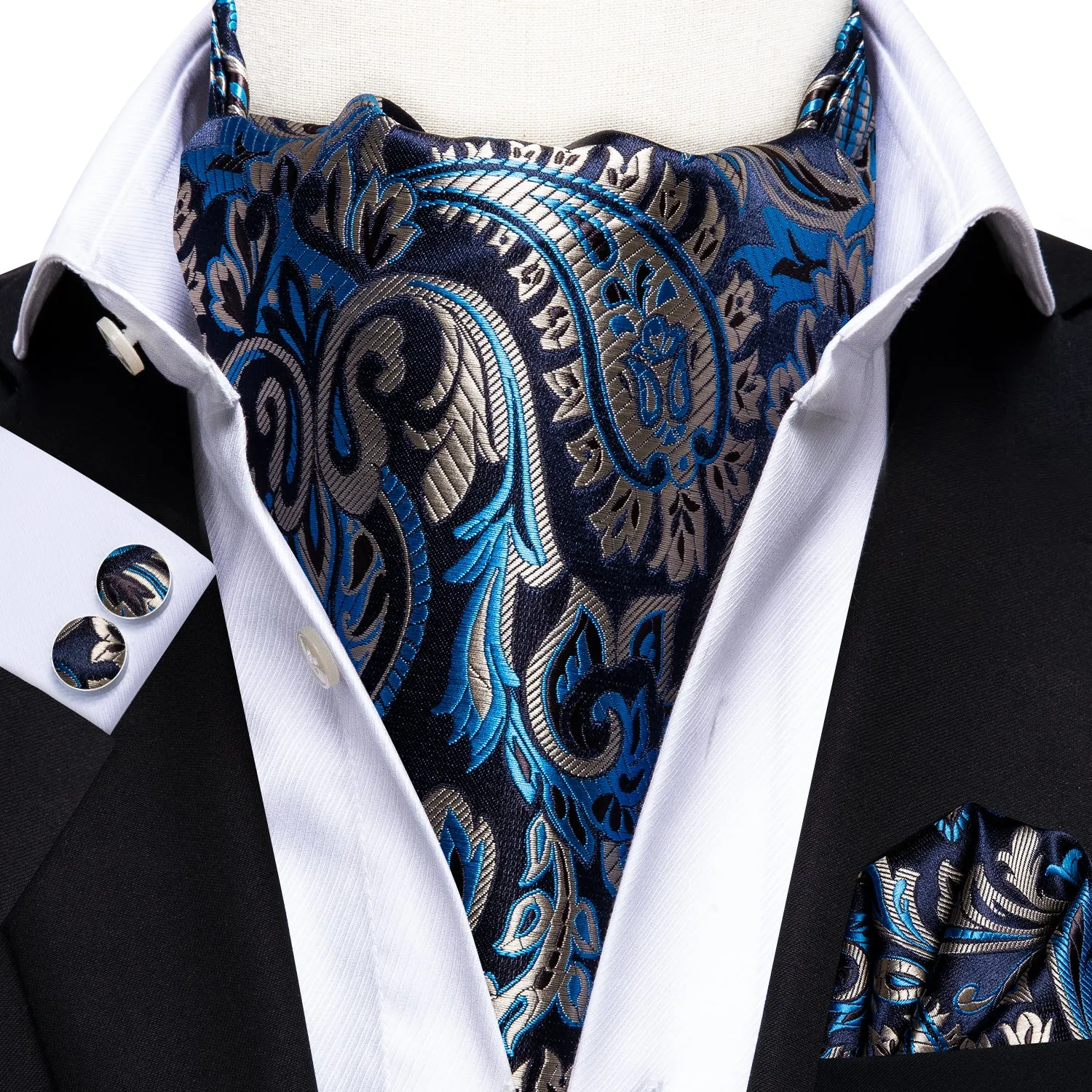 Blue Brown Paisley Ascot Pocket Square Cufflinks Set