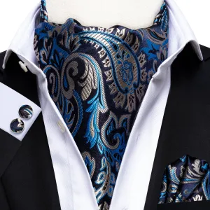 Blue Brown Paisley Ascot Pocket Square Cufflinks Set