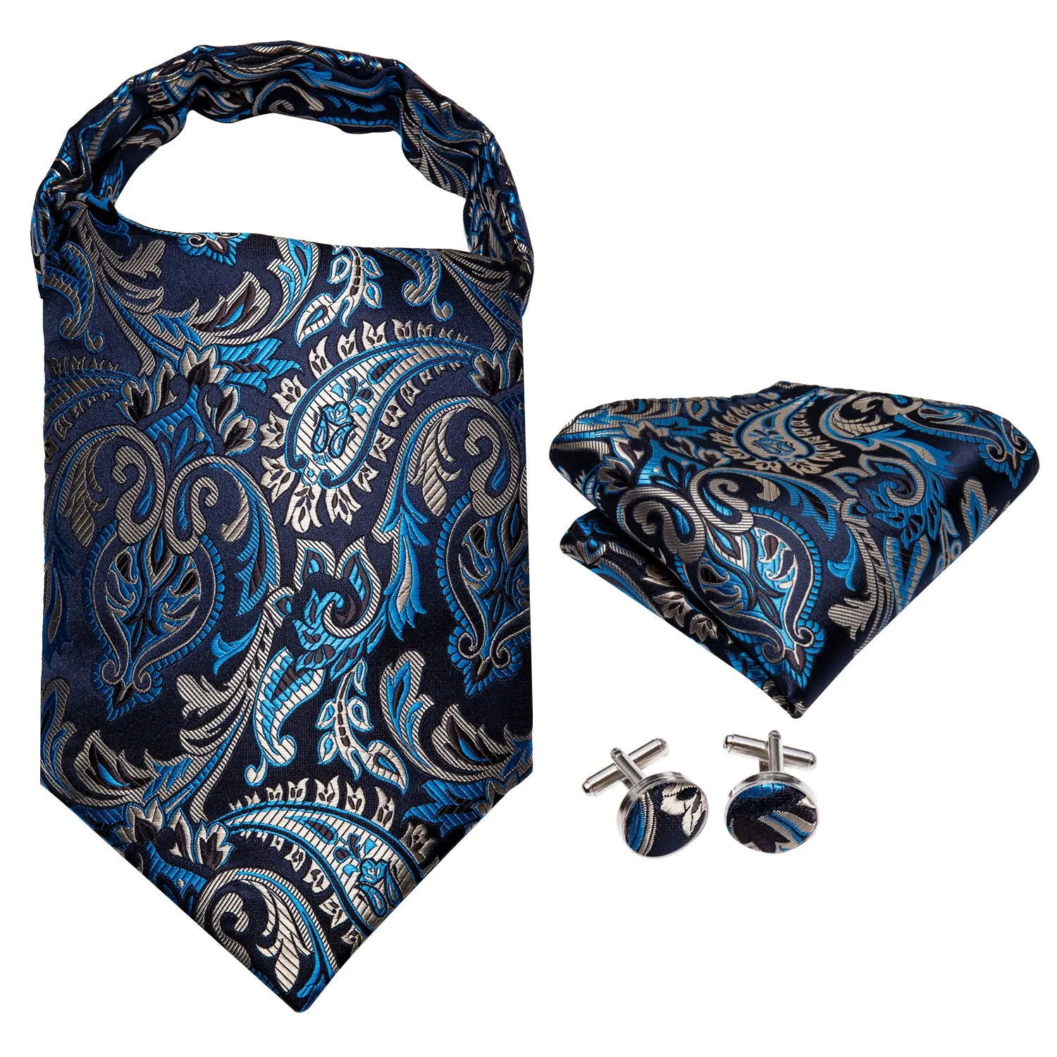Blue Brown Paisley Ascot Pocket Square Cufflinks Set