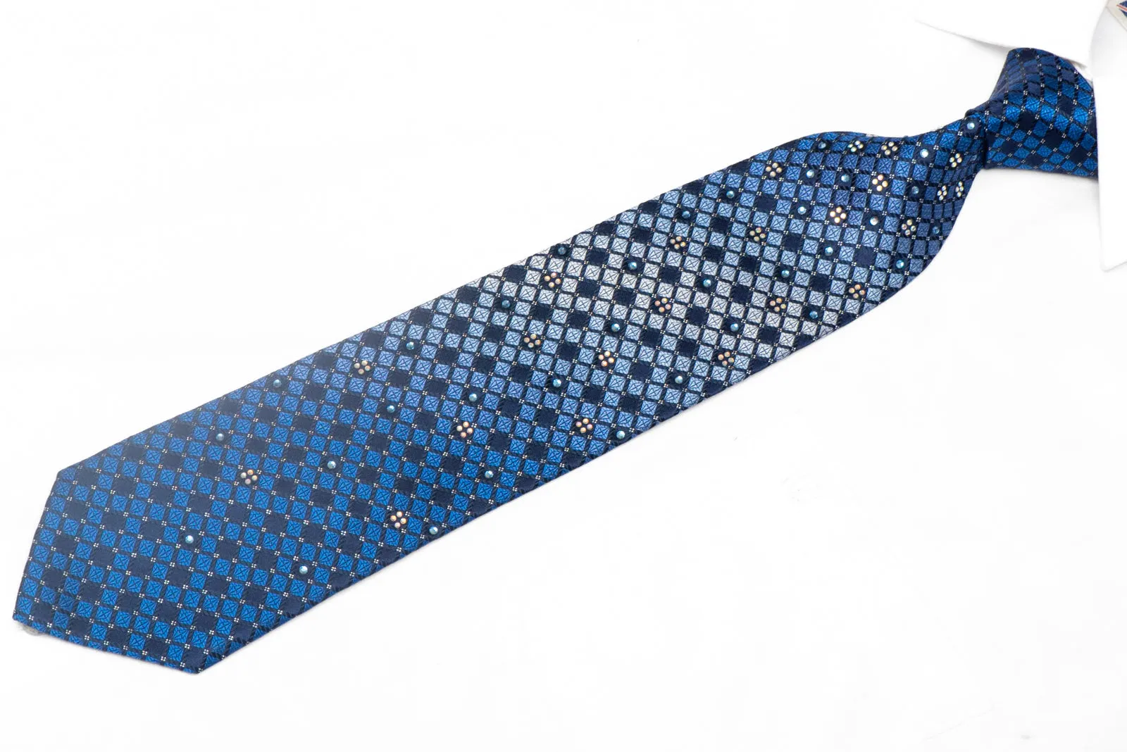 Blue Checkered Rhinestone Silk Necktie With Silver Sparkles