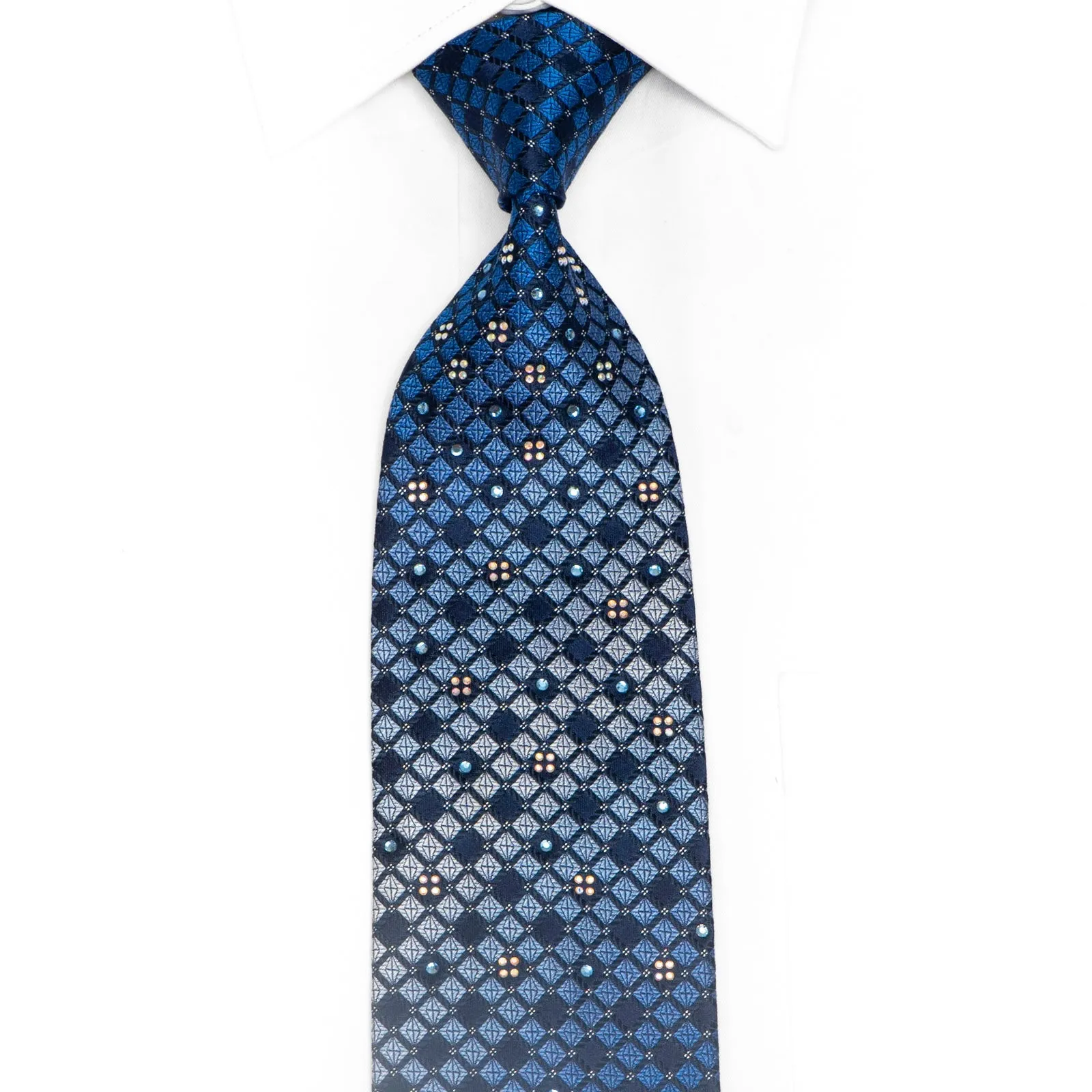 Blue Checkered Rhinestone Silk Necktie With Silver Sparkles