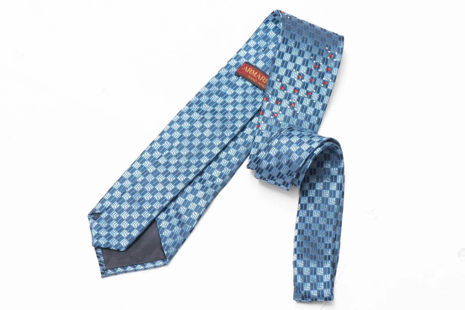 Blue Checkered Rhinestone Silk Tie With Silver Sparkles