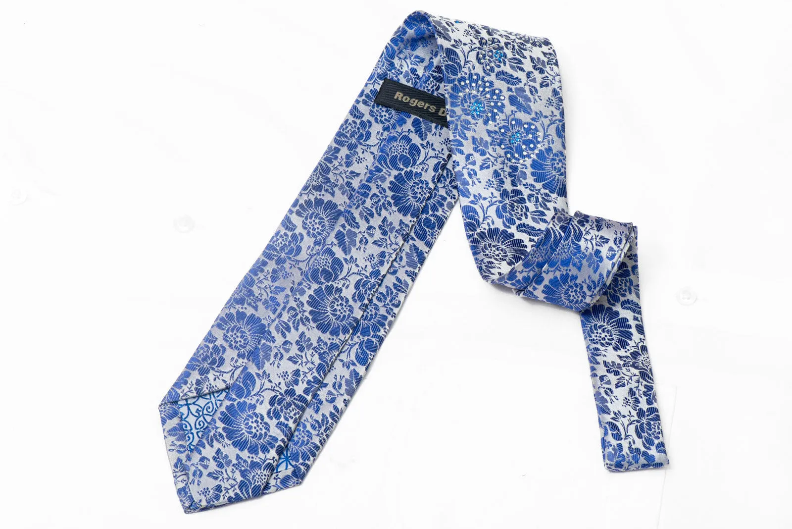 Blue Floral On Silver Rhinestone Silk Necktie