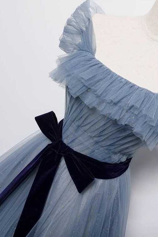 Blue Off the Shoulder Tulle Long Prom Dress with Sash Sparkly Formal Gown