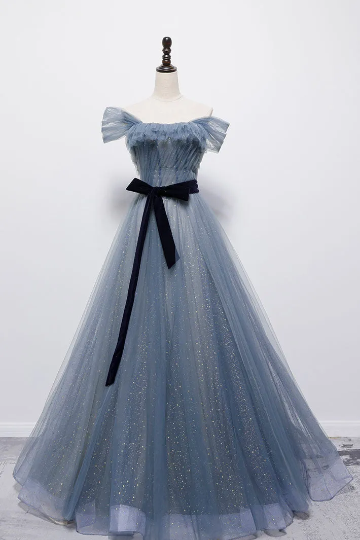 Blue Off the Shoulder Tulle Long Prom Dress with Sash Sparkly Formal Gown