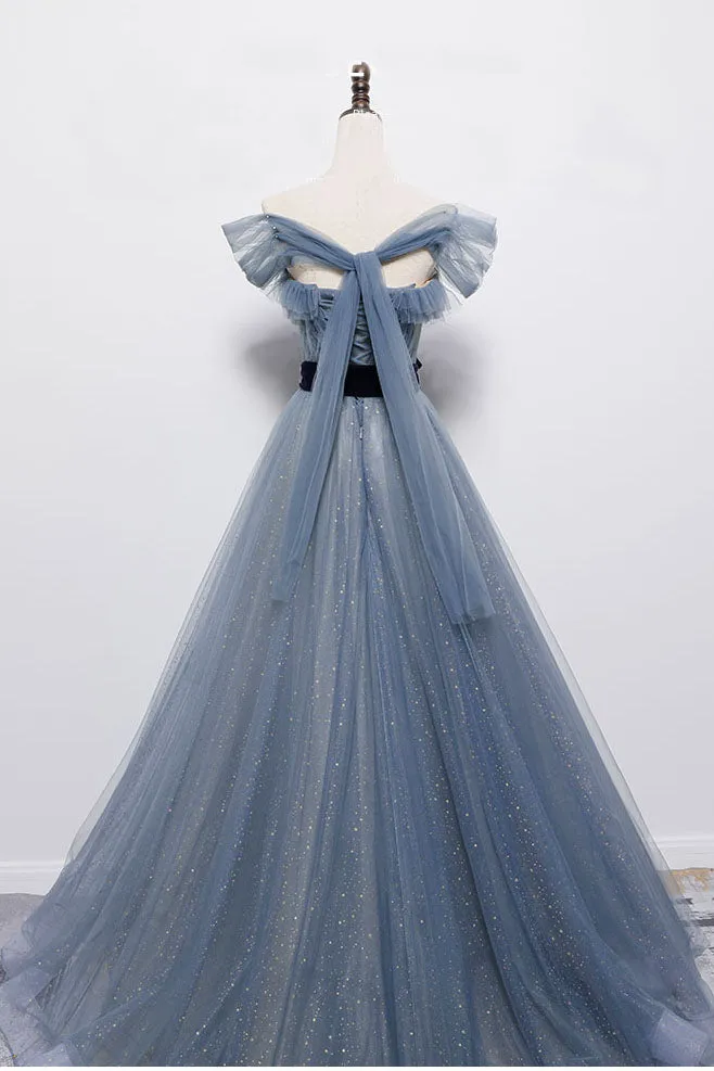 Blue Off the Shoulder Tulle Long Prom Dress with Sash Sparkly Formal Gown