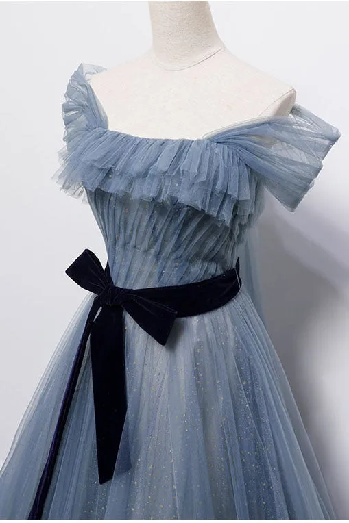 Blue Off the Shoulder Tulle Long Prom Dress with Sash Sparkly Formal Gown