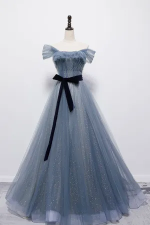 Blue Off the Shoulder Tulle Long Prom Dress with Sash Sparkly Formal Gown